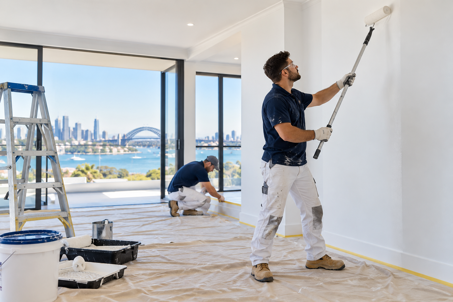 Illustrative painting crew working inside a contemporary construction project